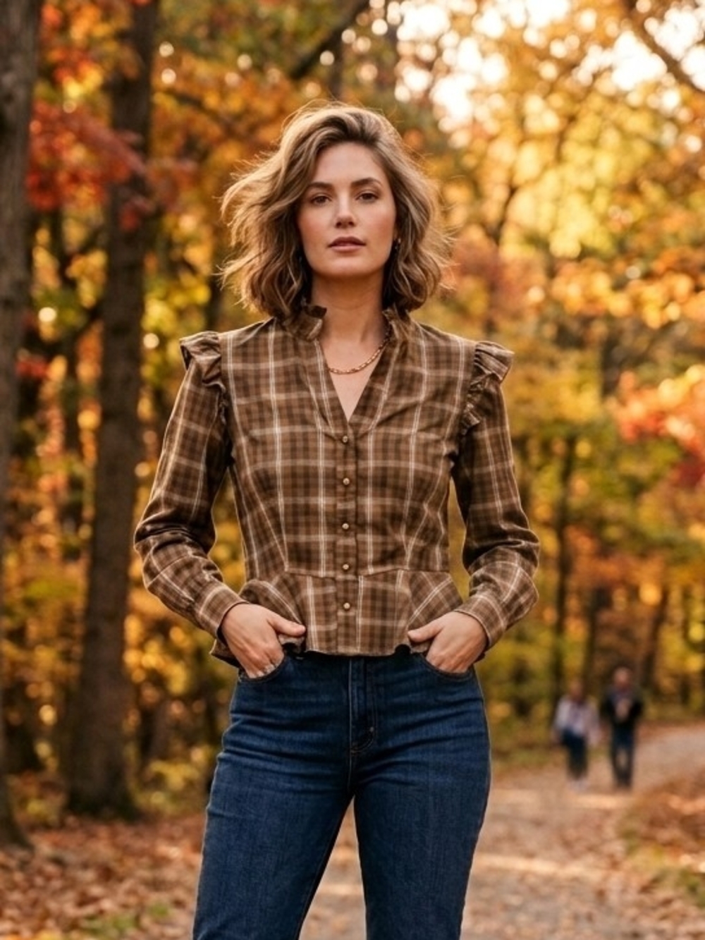 TCEC Brown Plaid Ruffled Shoulder Button-Front Blouse
